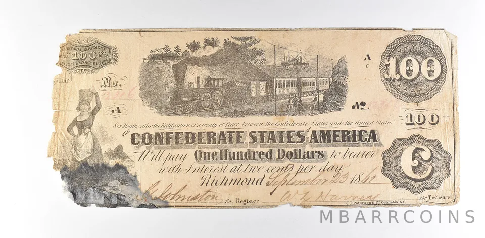 1862 $100 Confederate States Of America T-40 Large Note a8621