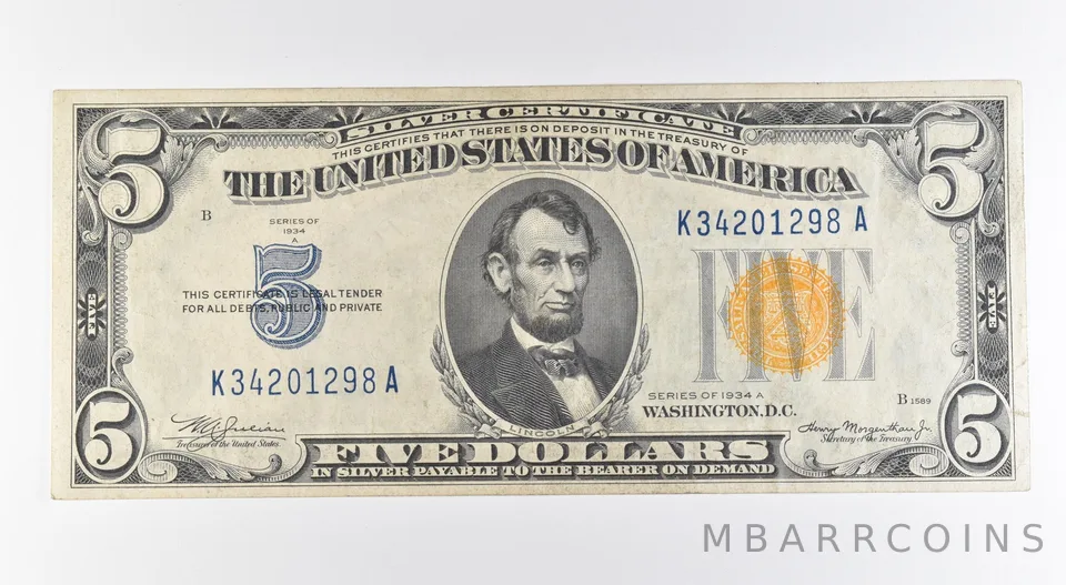 1934 A $5 Silver Certificate Yellow Seal Fr#2307 *0423