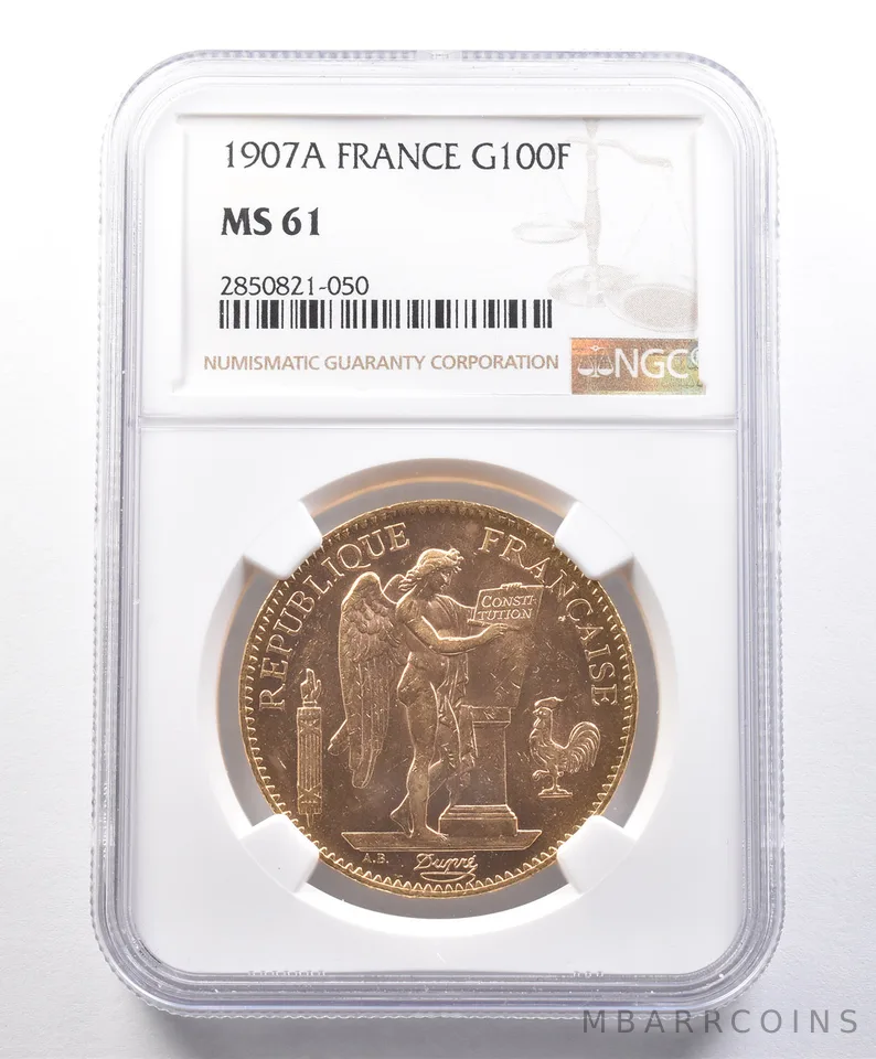 1907 A France 100 Francs Gold MS61 NGC Angel *4102