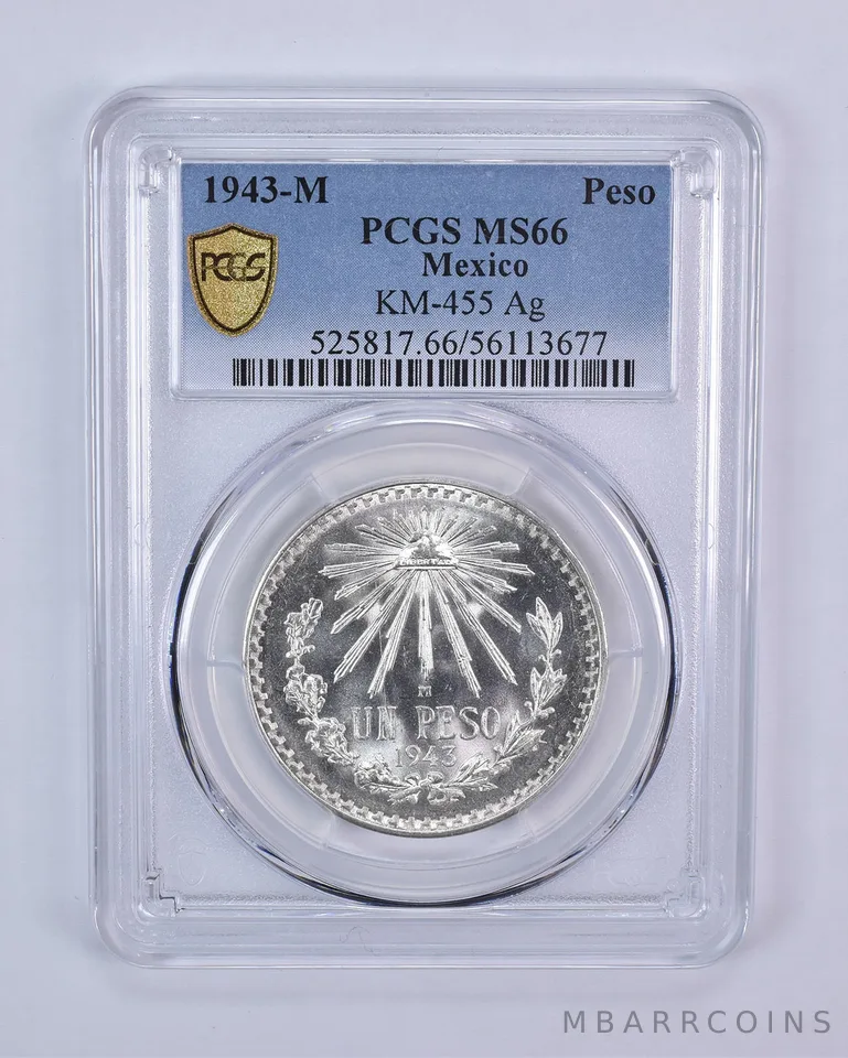 1943 M Mexico Peso Silver KM-455 MS66 PCGS Blue Label