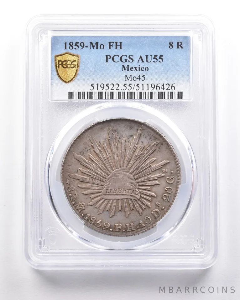 1859 Mo FH Mexico 8 Reales Mo45 AU55 PCGS *5380
