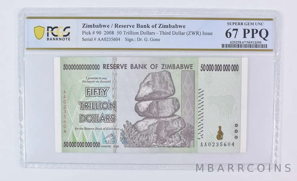 2008 Zimbabwe 50 Trillion Dollars Third Dollar Issue Superb Gem Unc 67 PPQ PCGS
