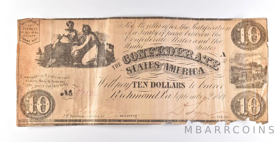 1861 $10 Confederate States Of America Note T28 a7280