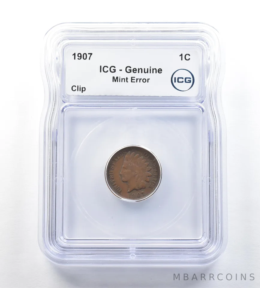 1907 Indian Head Cent Mint Error Clip Genuine ICG *0657