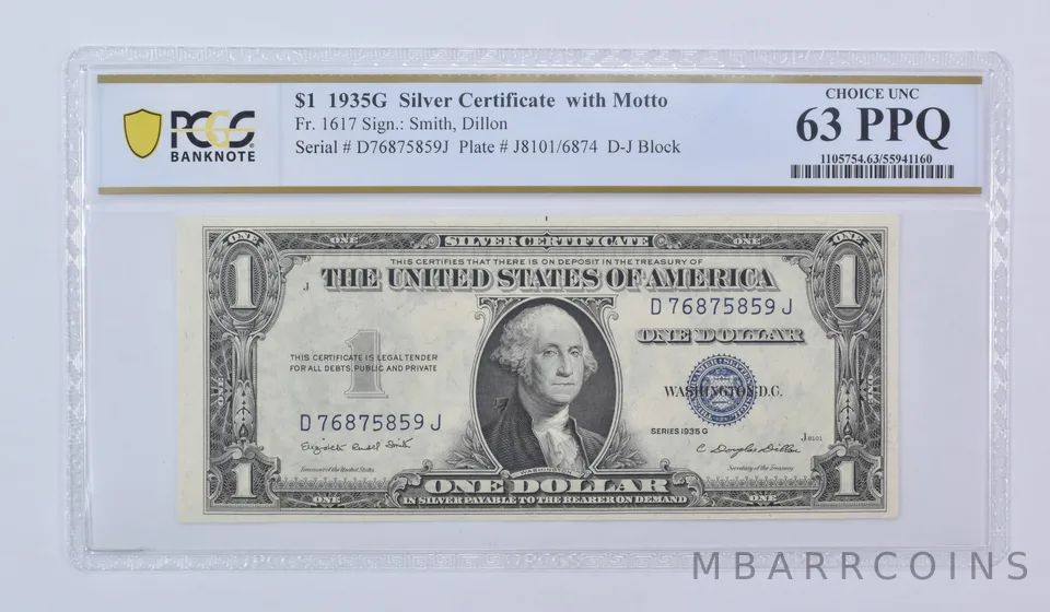 1935 G $1 Silver Certificate With Motto Fr#1617 Choice Unc 63 PPQ PCGS