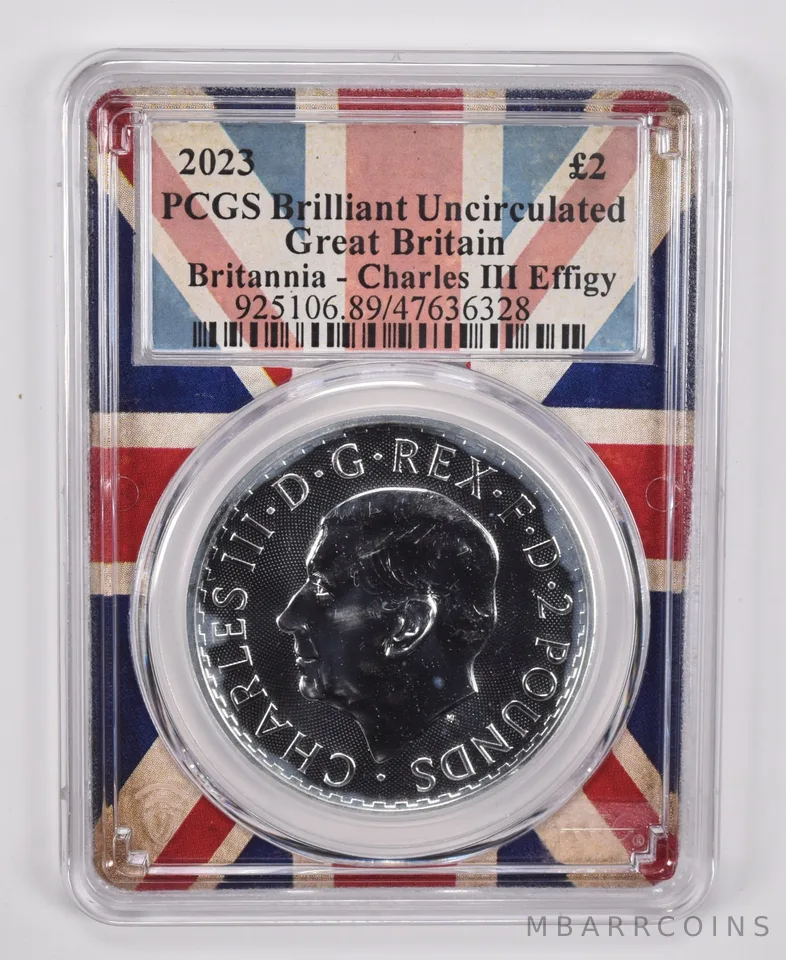 2023 Great Britain 2 Pound Britannia Charles III BU PCGS Union Jack Holder