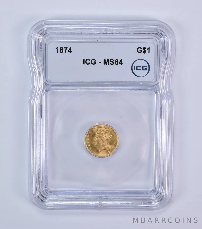 1874 $1 Indian Princess Head Gold Dollar MS64 ICG *7939