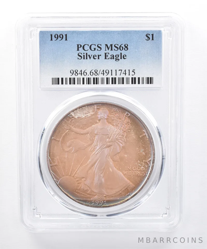 1991 American Silver Eagle MS68 PCGS Purple/Orange Tone *8405