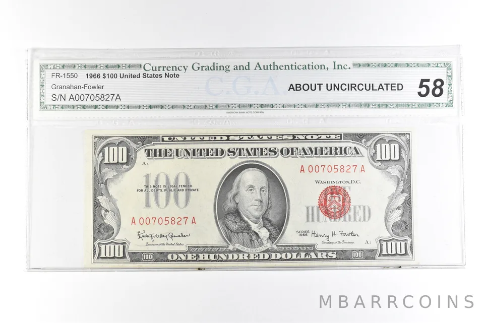 1966 $100 United States Note Fr#1550 AU 58 CGA Red Seal *0432