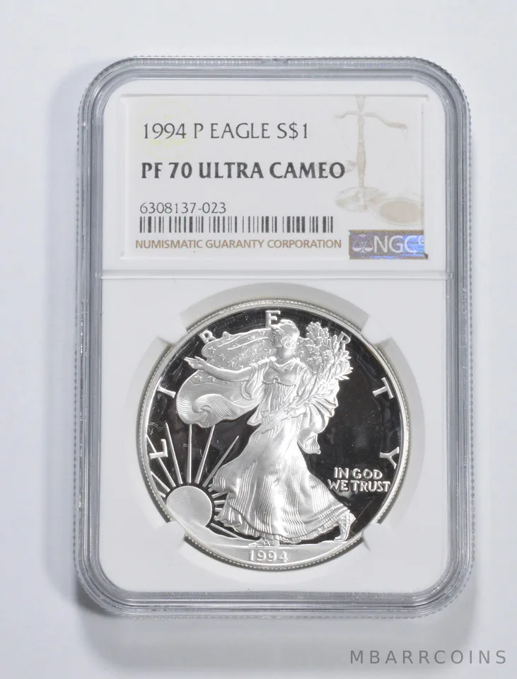 1994-P American Silver Eagle 1 Oz PF70 UCAM NGC Brown Label