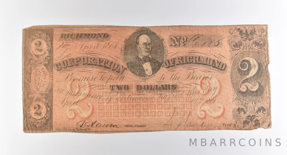 1861 $2 Richmond VA Corporation Of Richmond Obsolete Note *3835