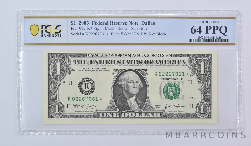 2003 $1 Dallas TX FRN Star Note Fr#1929-K* Choice Unc 64 PPQ PCGS