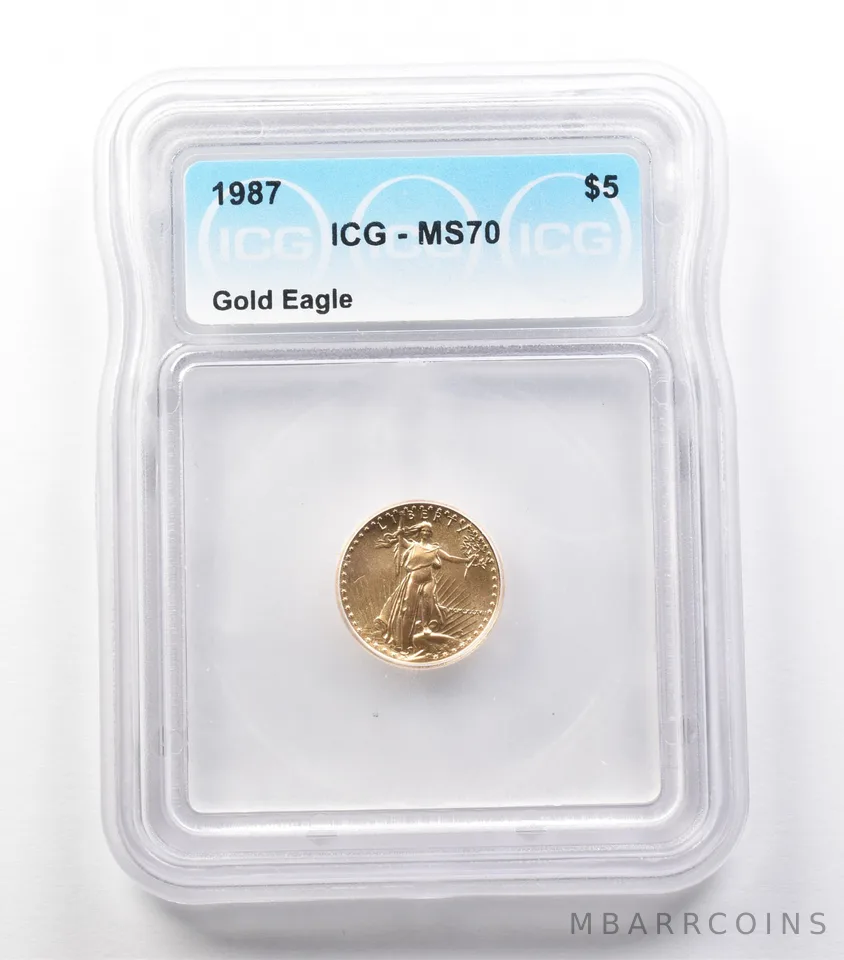 1987 $5 American Gold Eagle 1/10 Oz Gold MS70 ICG
