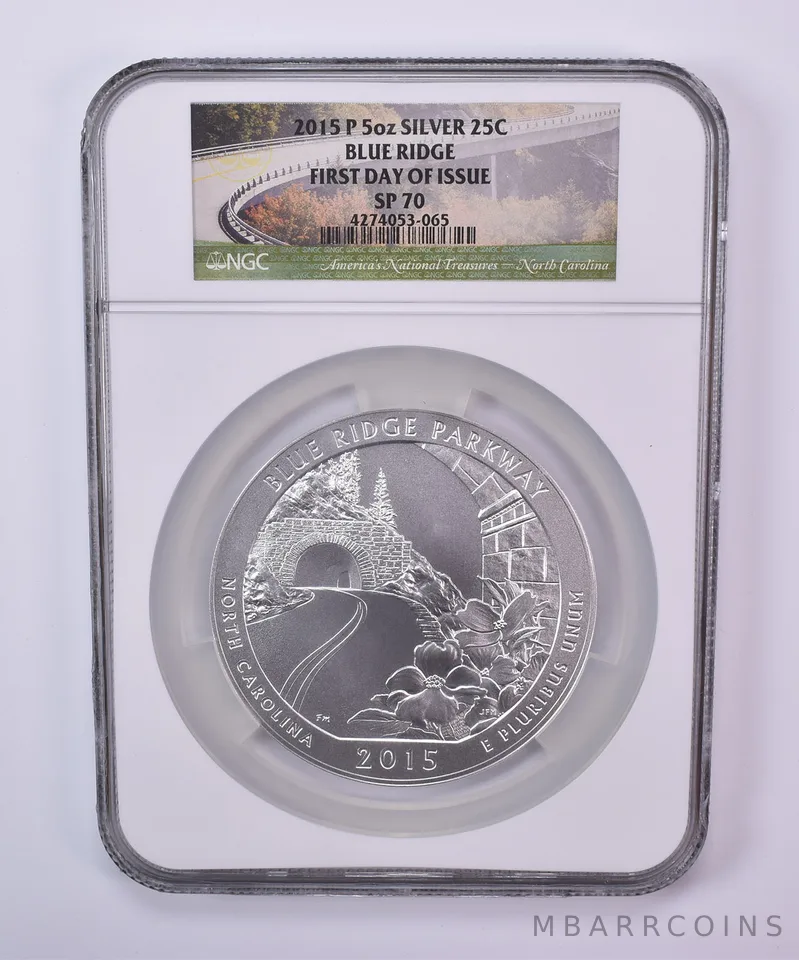 2015-P 5 Oz Silver Quarter ATB America The Beautiful Blue Ridge SP70 NGC