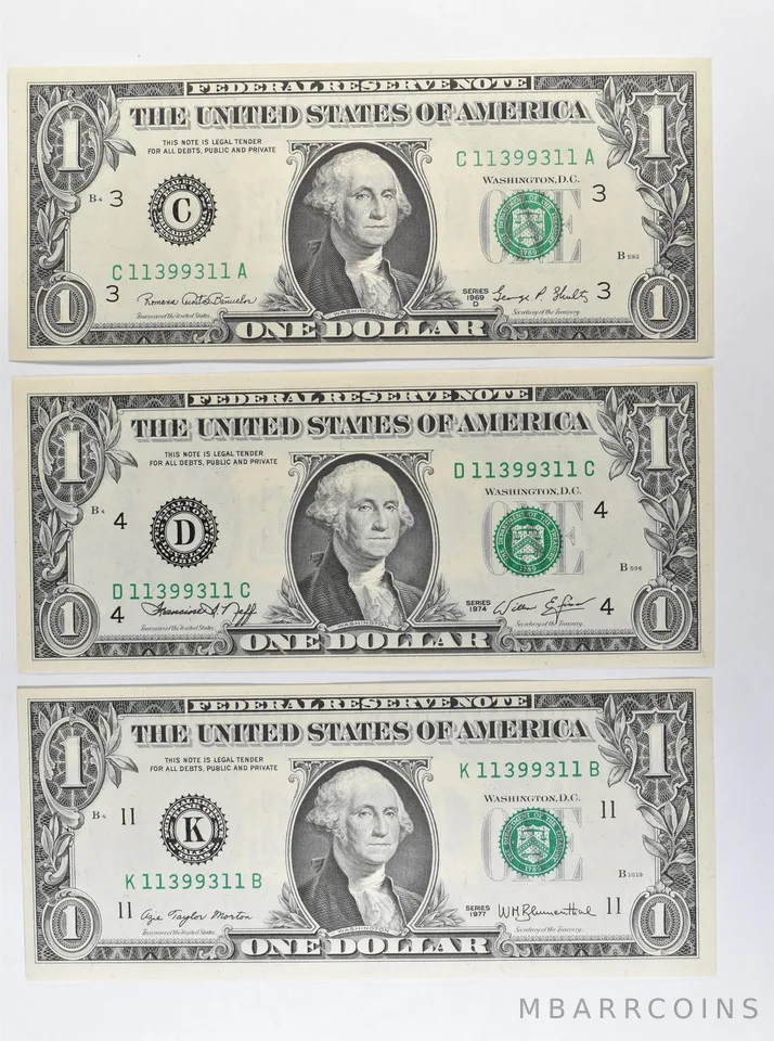 (3) Matching Serials 1969 D/1974/1977 $1 Philadelphia/Cleveland/Dallas FRN *1732