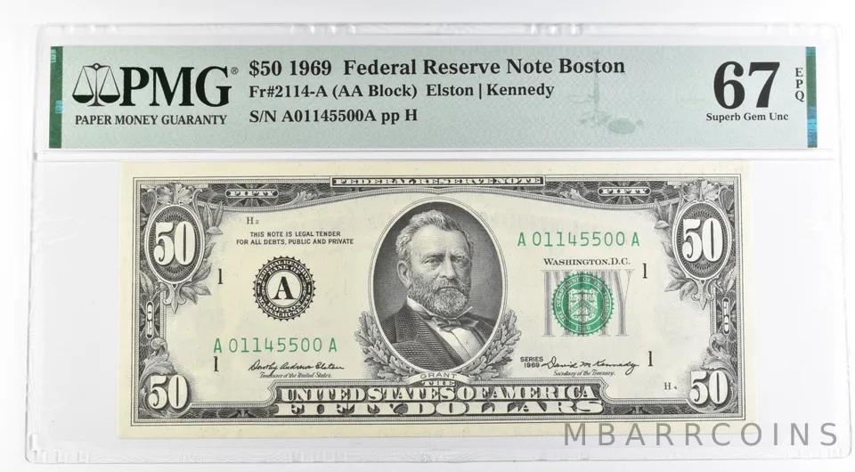 1969 $50 Boston MA US FRN Fr#2114-A 67 Superb Gem Unc EPQ PMG *8496