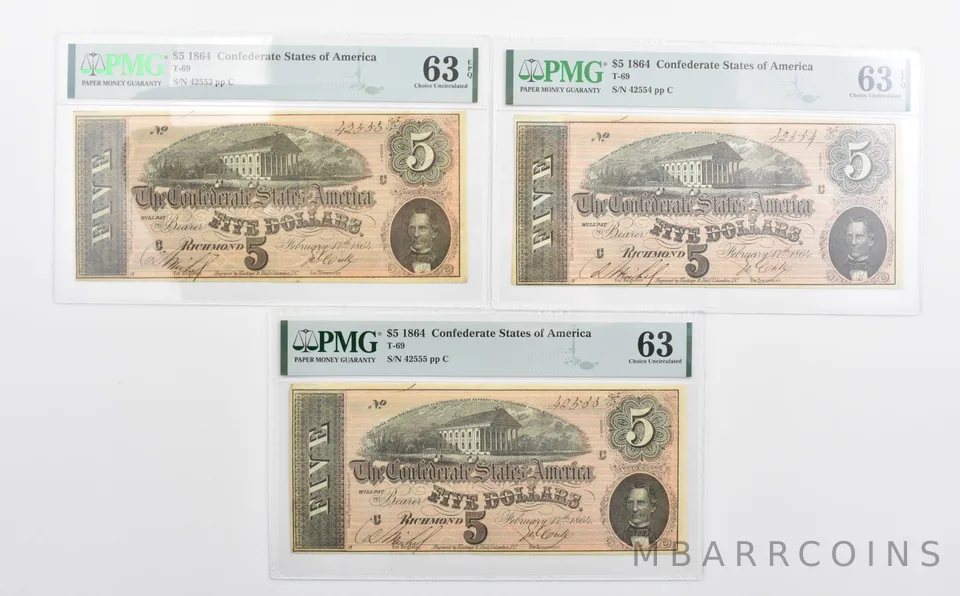 Lot (3) PMG 63 1864 $5 Confederate States Of America Consecutive Notes T69 a1145