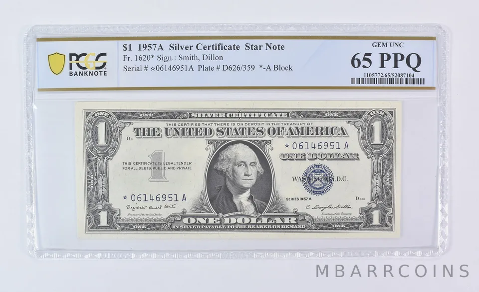 1957 A $1 Silver Certificate Star Note Fr#1620* Gem Unc 65 PPQ PCGS