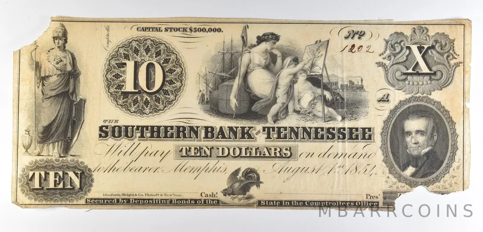 1854 $10 Memphis TN Southern Bank Obsolete Note *8645