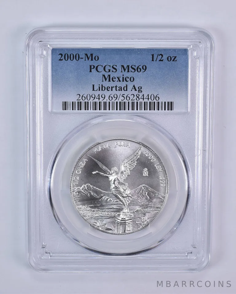 2000 Mo Mexico 1/2 Onza Silver Libertad MS69 PCGS Blue Label