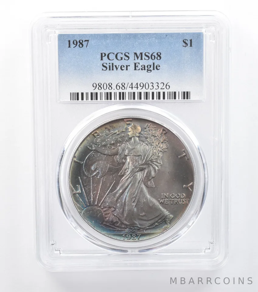 1987 American Silver Eagle MS68 PCGS Blue/Purple Tone *7763