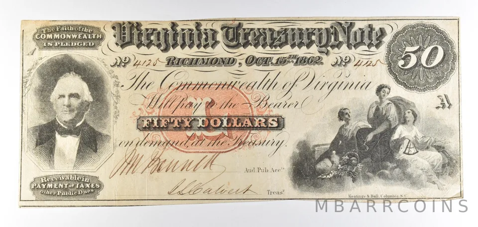 1862 $50 Richmond VA Treasury Note Obsolete Note *8759