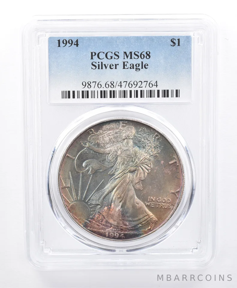 1994 American Silver Eagle MS68 PCGS Rainbow Tone *8663