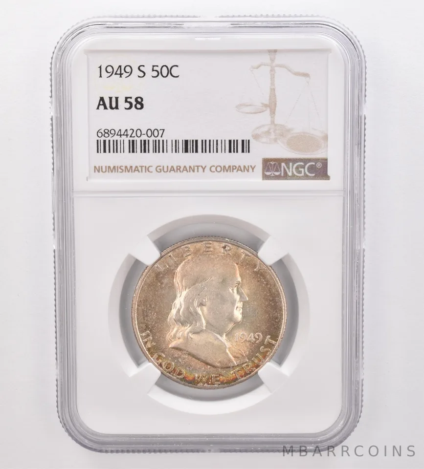 1949-S Franklin Half Dollar AU58 NGC Beautiful Tone *9926