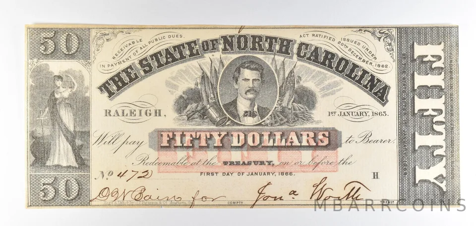 1863 $50 State Of North Carolina Obsolete Note *8750