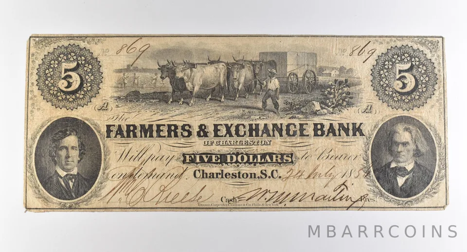 1856 $5 Charleston SC Farmers & Exchange Bank Obsolete Note *3867