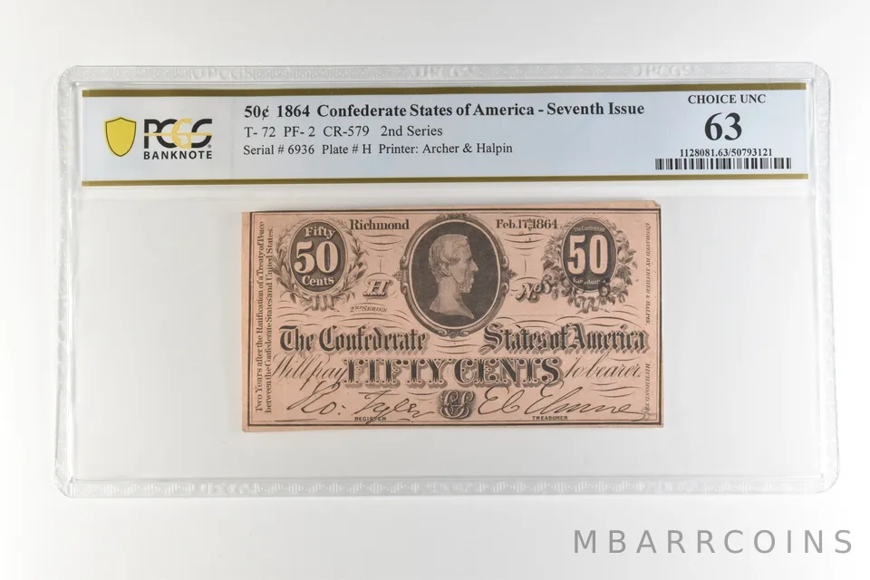 1864 50 Cents Confederate States T-72 PF-2 CR-579 Choice Unc 63 PCGS *4441