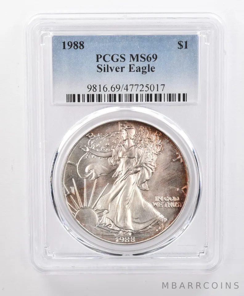 MS69 1988 American Silver Eagle PCGS Red Peripheral Toning a1666