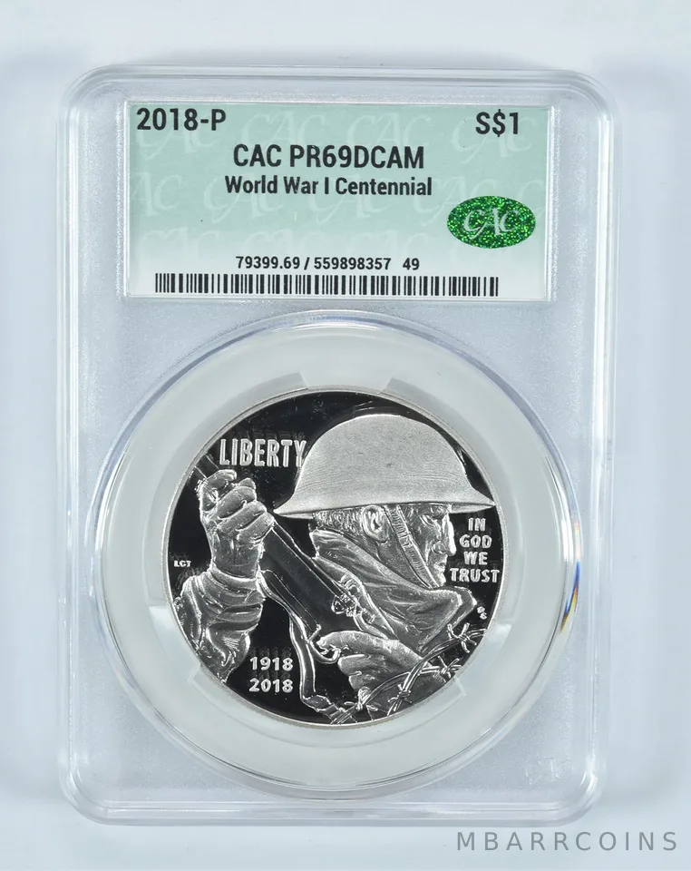 2018-P World War I Commemorative Silver Dollar PR69 DCAM CAC CACg