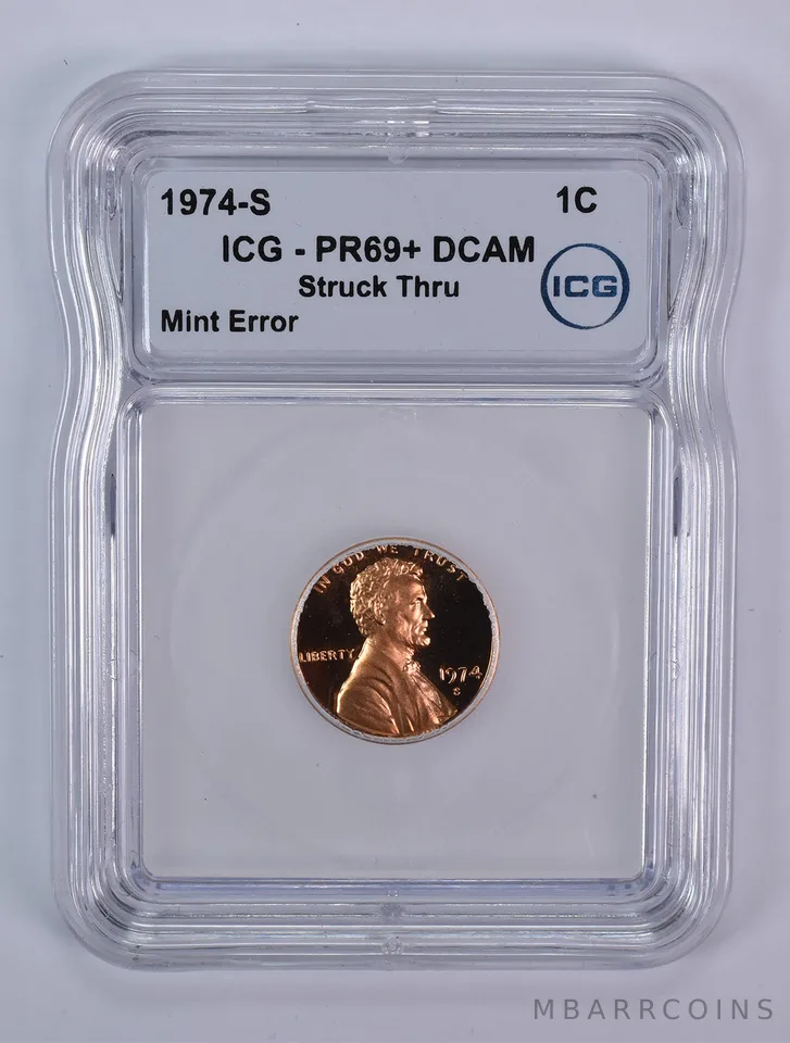 1974-S Lincoln Memorial Cent Mint Error Struck Thru PR69+ DCAM ICG