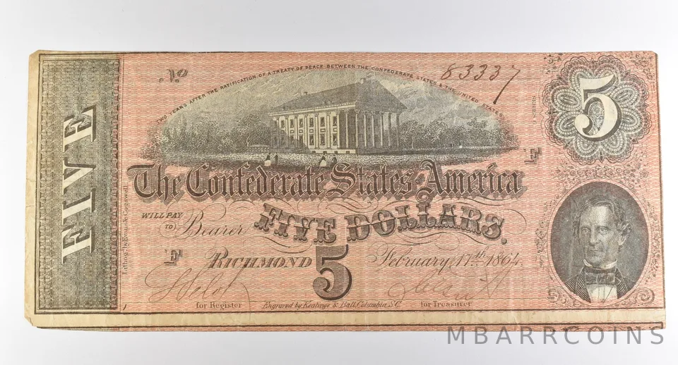 1864 $5 Richmond VA Confederate States Of America Obsolete Note *3878