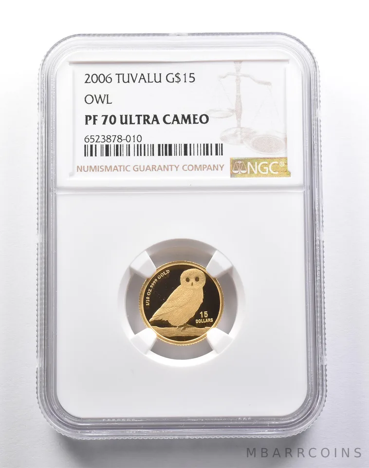 PF70 UCAM 2006 Tuvalu $15 Gold Owl 1/10 Oz Gold Coin NGC *3719