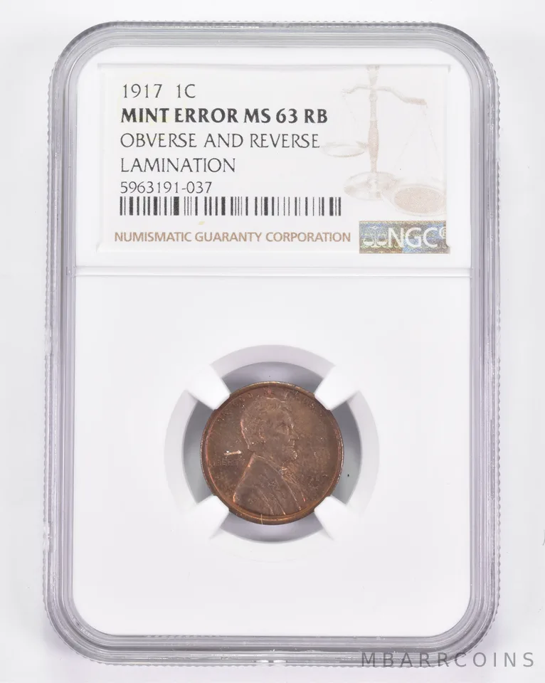 Mint Error MS63 RB 1917 Lincoln Wheat Cent - OBV & REV Lamination NGC a8910