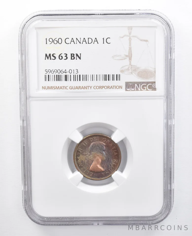 1960 Canada 1 Cent MS63 BN NGC Rainbow Tone *7665