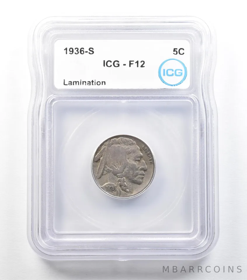 ERROR 1936-S Indian Head Buffalo Nickel Lamination F12 ICG a3411
