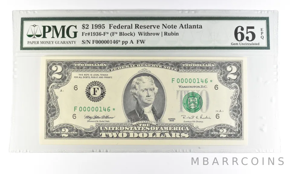 1995 $2 Atlanta GA FRN Fr#1936-F* Star Error Gem Unc 65 EPQ PMG Low Serial *5472