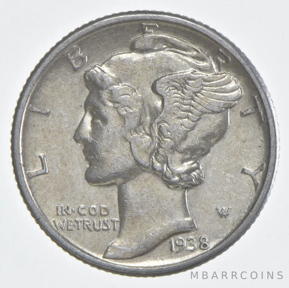 1938 (P) Mercury Dime 90% Silver AU Almost Unc