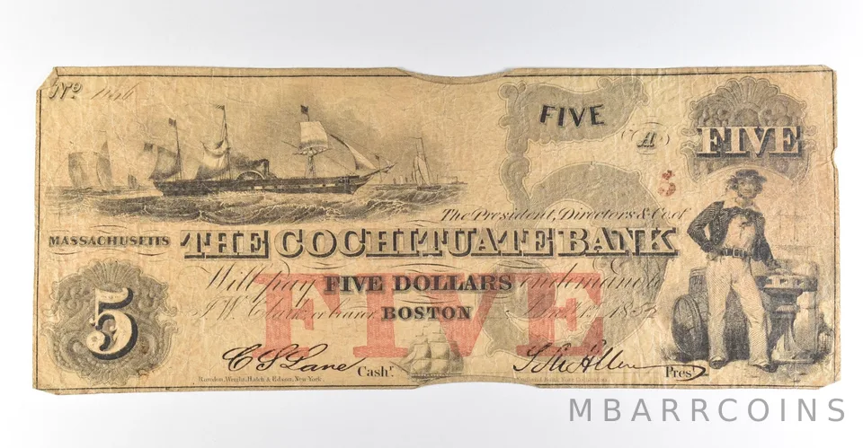 1852 $5 Boston MA Cochituate Bank Obsolete Note *8426