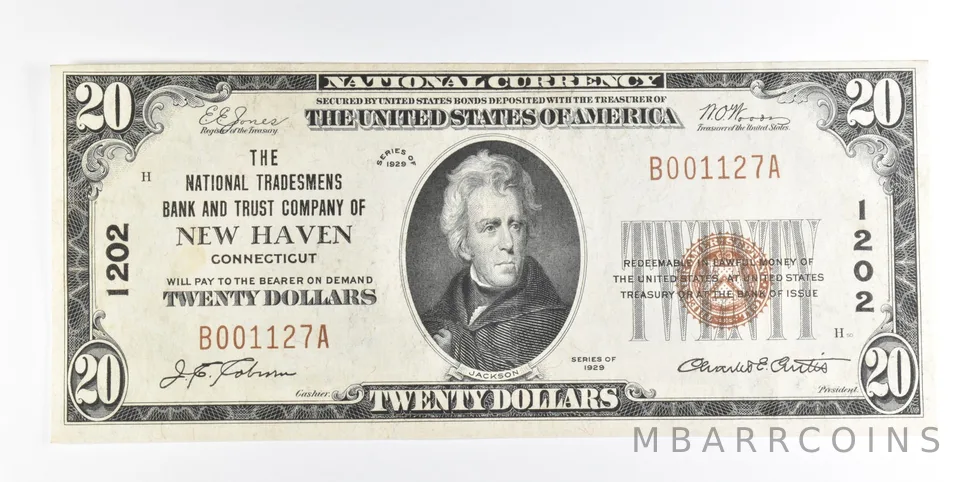 1929 $20 New Haven CT National Currency Note CH 1202 *0206