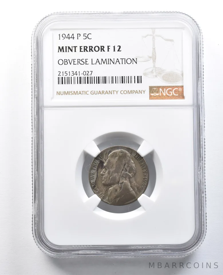 1944-P Jefferson Nickel Mint Error Obverse Lamination F12 NGC *8244