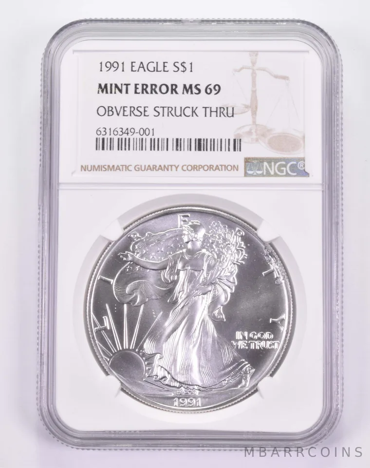 Mint Error MS69 1991 American Silver Eagle - OBV Struck Thru - Graded NGC *8607