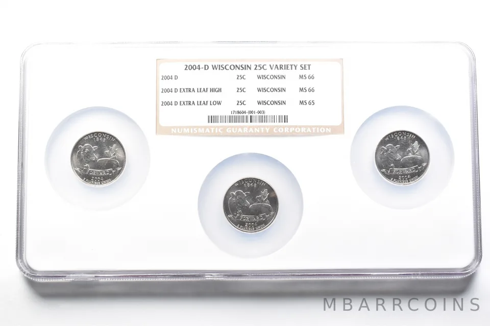 2004-D Wisconsin Quarter 3 Coin Variety Extra Leaf High/Low MS66/65 NGC *0561
