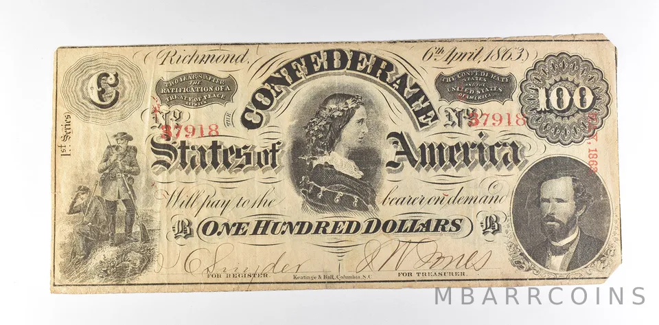 1863 $100 Confederate States Of America T-56 Large Note *8547