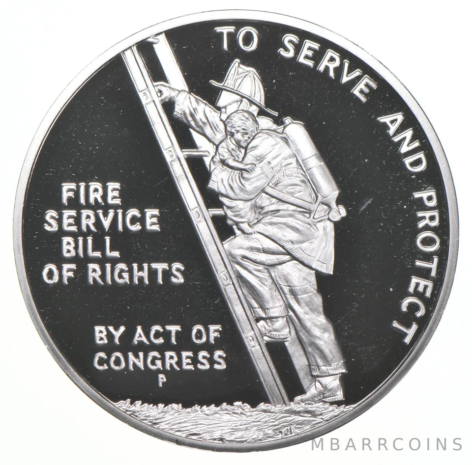 1992 Proof Ben Franklin Firefighters Commem. 1 Oz Silver Medal Round