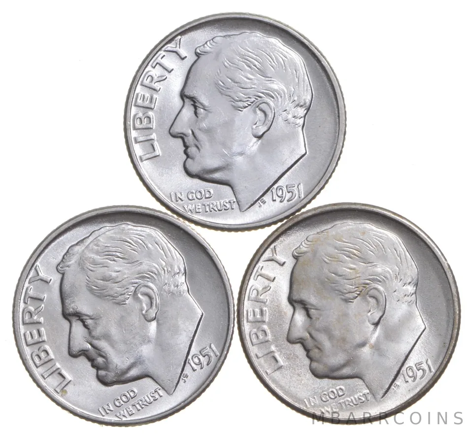 Choice Unc 1951 P+D+S Roosevelt Dime Gem BU Collection Lot Set