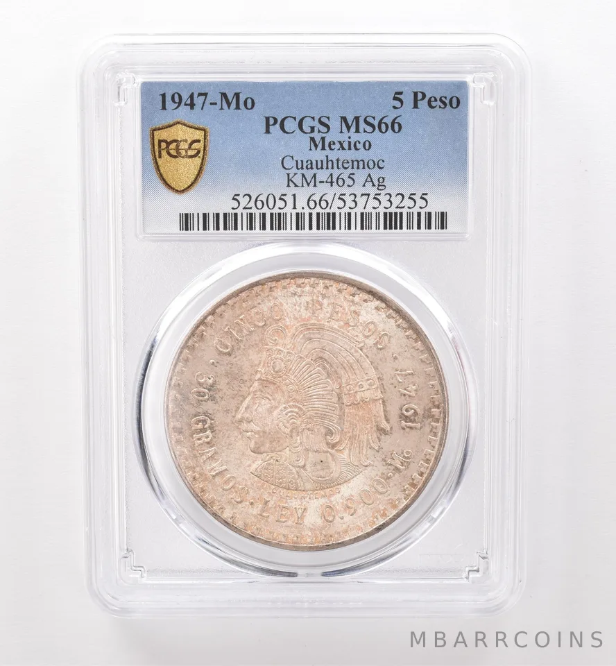 1947 Mo Mexico 5 Peso Silver Cuauhtemoc KM-465 MS66 PCGS Beautiful Tone *9527